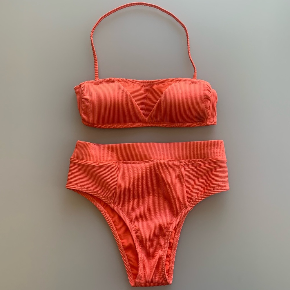 NWOT Bikini Lab Two-Piece High Waisted Ribbed Bikini in Hot Coral | Medium